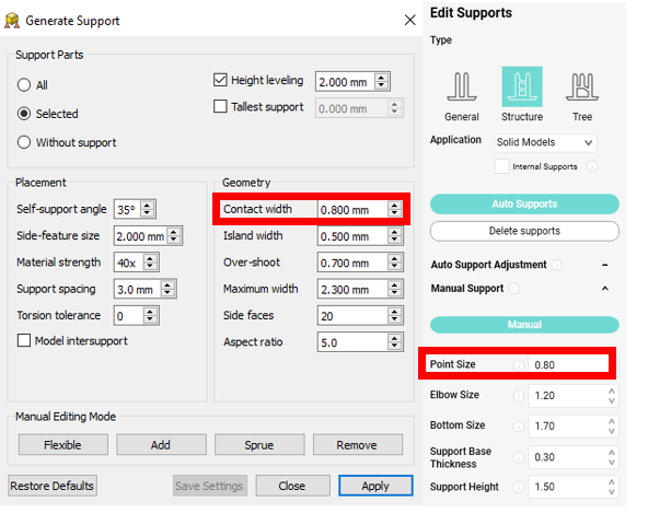 Asiga Composer Support Generation Settings